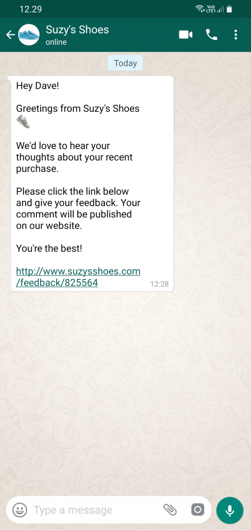 Automated WhatsApp conversation with a feedback request message