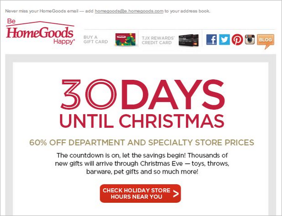 Le compte à rebours utilisé dans la newsletter de HomeGoods a de bonnes chances d’orienter les clients vers leur boutique en ligne immédiatement.