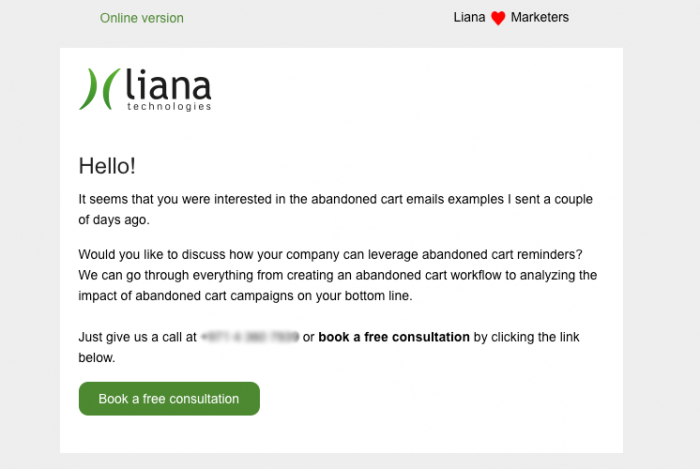 Exemple d'email personnalisé de Liana Technologies