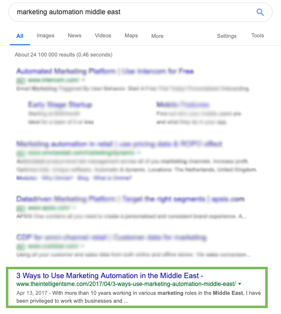 Marketing Automation Middle East: organic Google search results