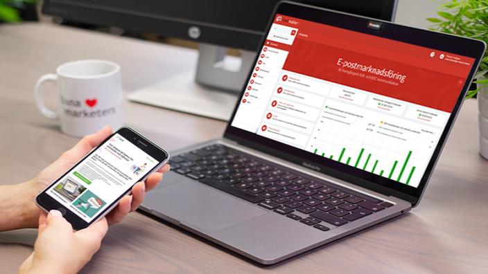 Interface utilisateur de l'outil d'email marketing LianaMailer sur téléphone et ordinateur portable