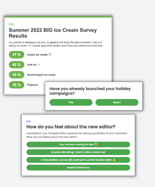 Exemples de sondages de newsletter créés avec l'outil d'email marketing LianaMailer